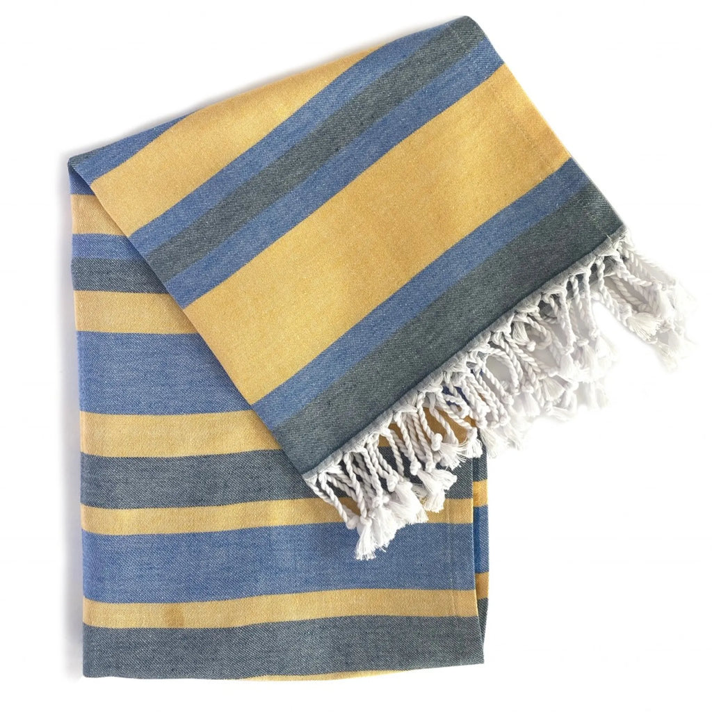 Turkish Beach Towel – Denim Blue & Yellow Striped Eco-Cotton 39" x 71"