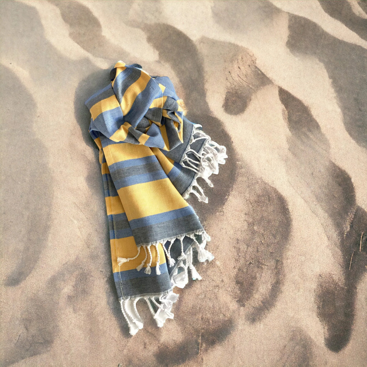 Turkish Beach Towel – Denim Blue & Yellow Striped Eco-Cotton 39" x 71"
