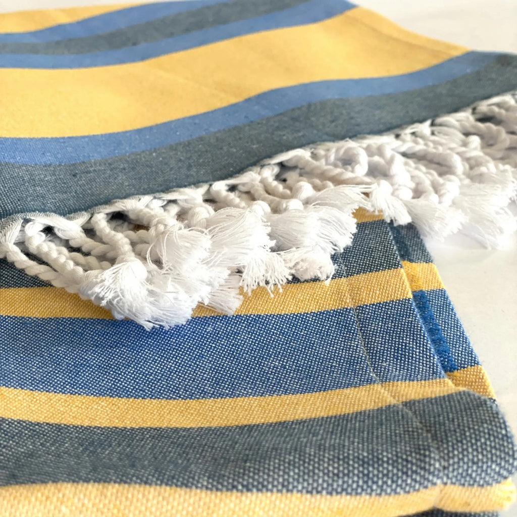 Turkish Beach Towel – Denim Blue & Yellow Striped Eco-Cotton 39" x 71"
