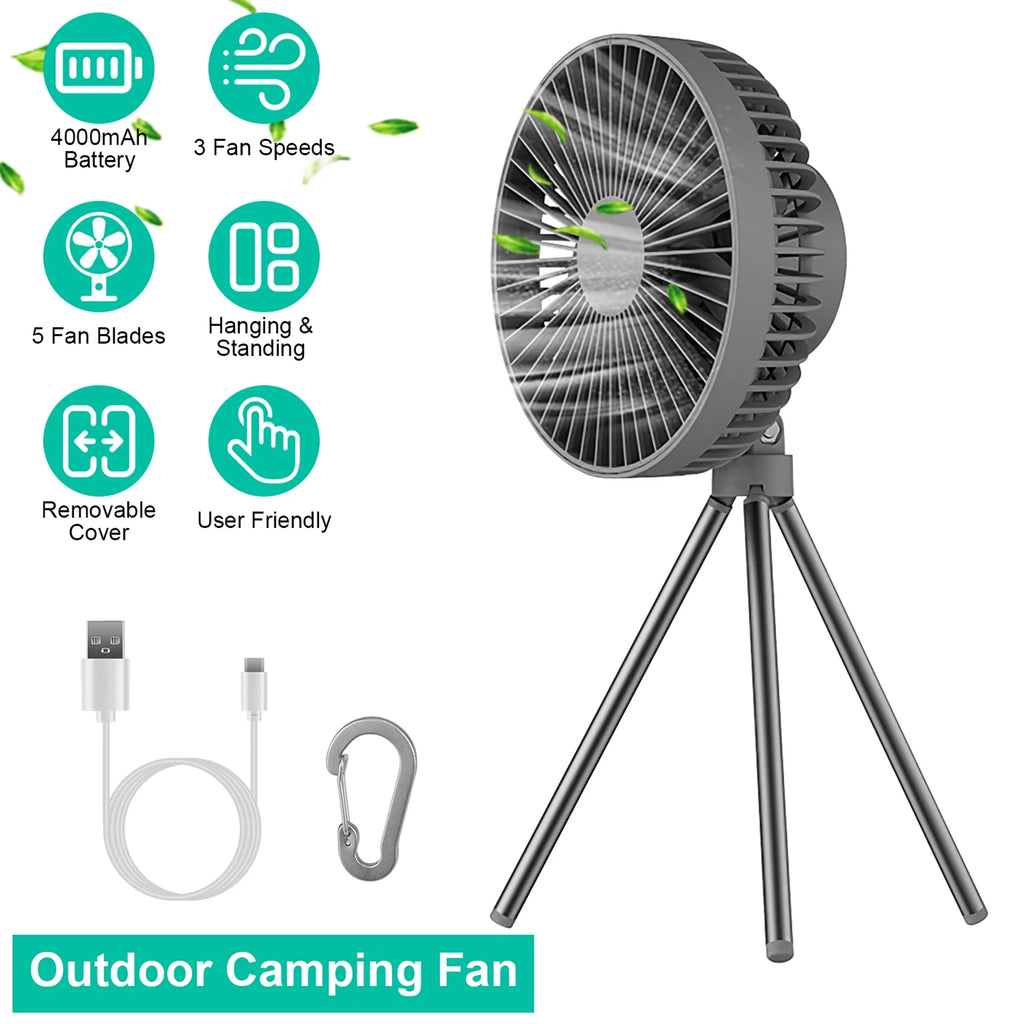 Portable Camping Fan with 3-Speed Settings, USB-C Charging and Carabiner Hook