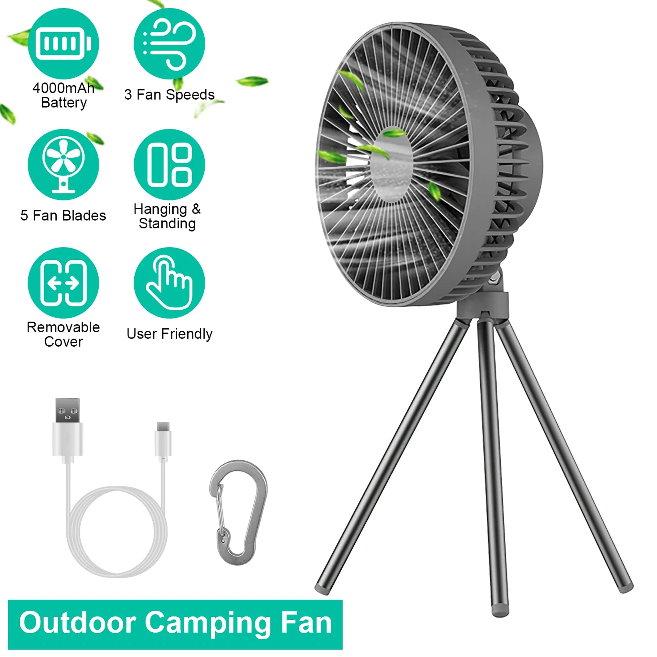 Portable Camping Fan with 3-Speed Settings, USB-C Charging and Carabiner Hook
