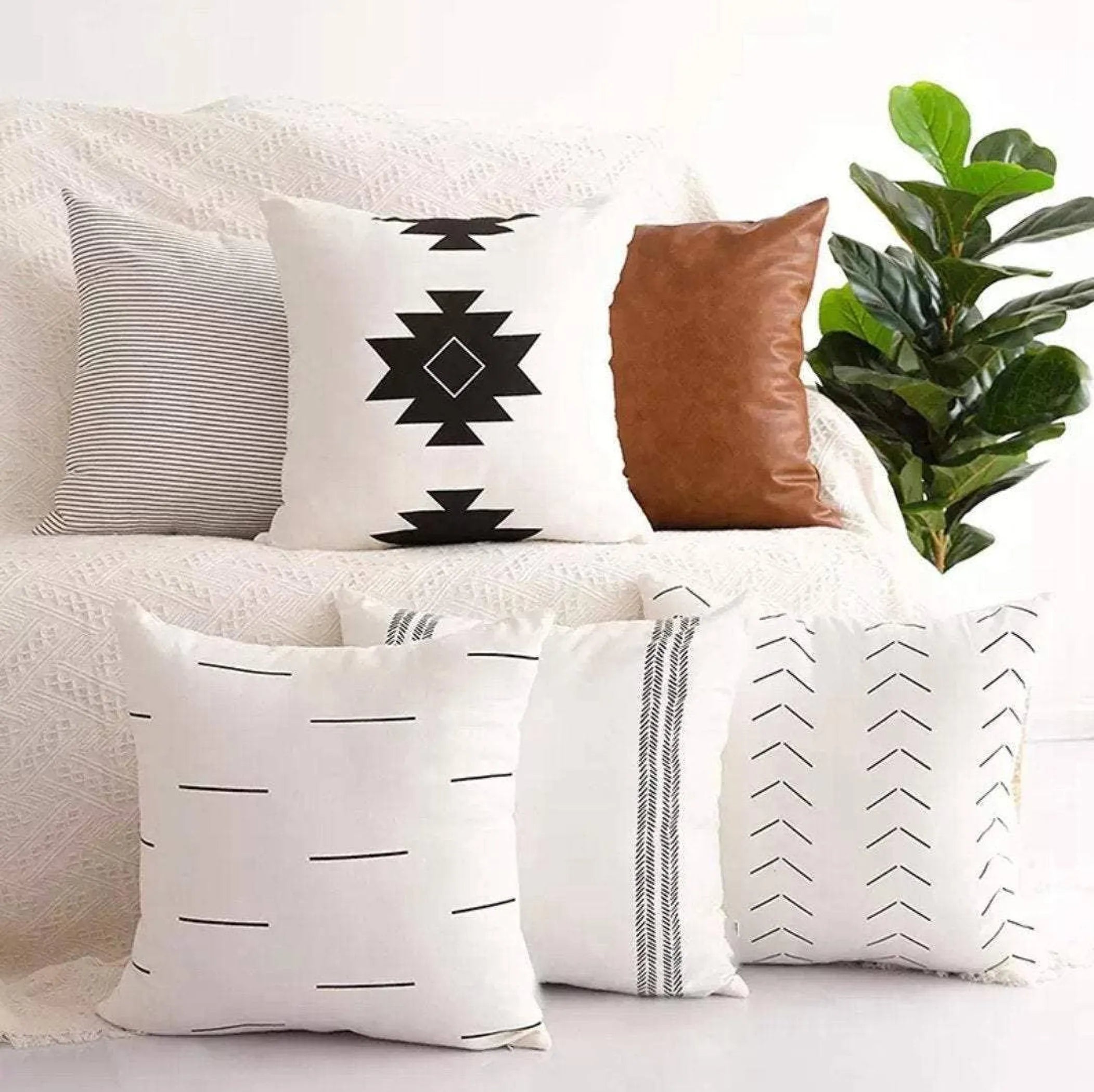 Cotton & Faux Leather Throw Pillow Cover Set – 4 Covers, 18x18 | Delmar Décor