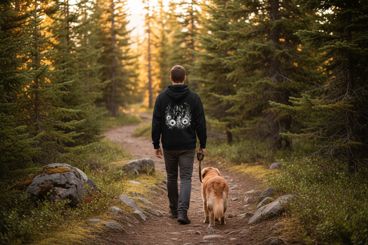 Back of hoodie on a wooded dog walk
