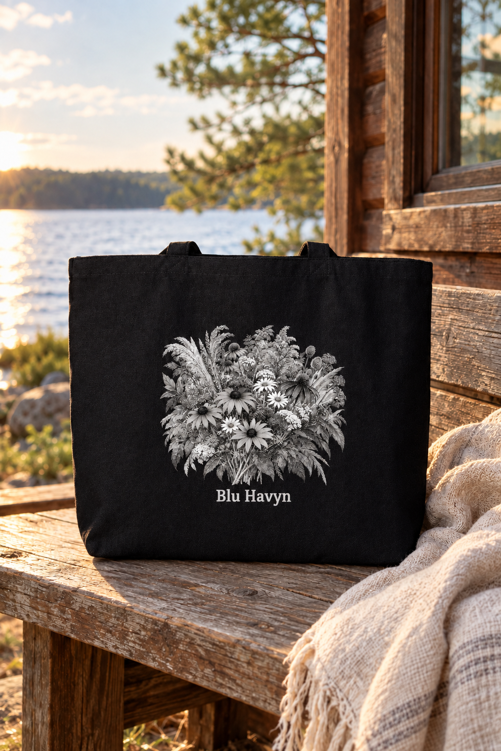 Black wildflower tote on a bench with straps folded behind