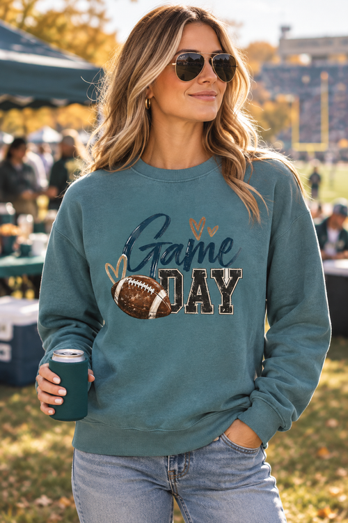 Blue Spruce Game Day crewneck at a football tailgate