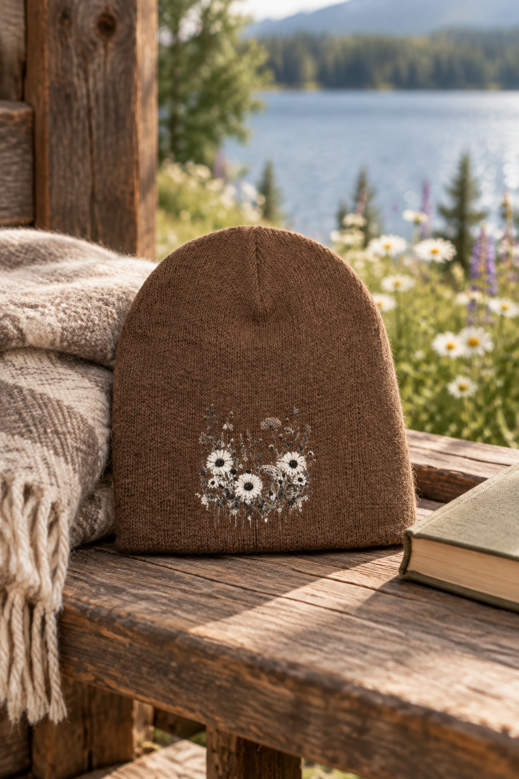 Brown floral beanie on a cabin bench beside a blanket