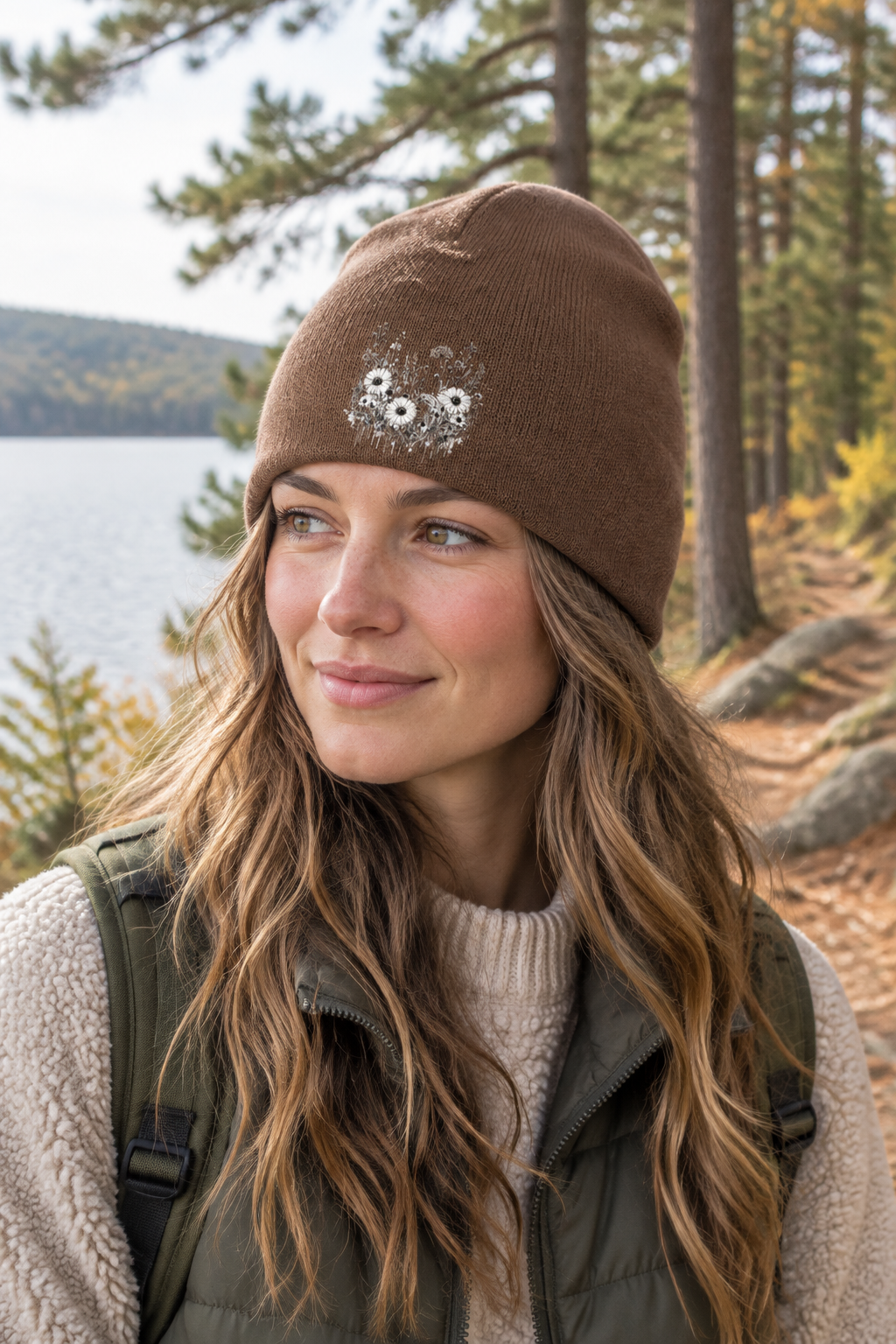 Brown floral beanie worn on a lakeside trail