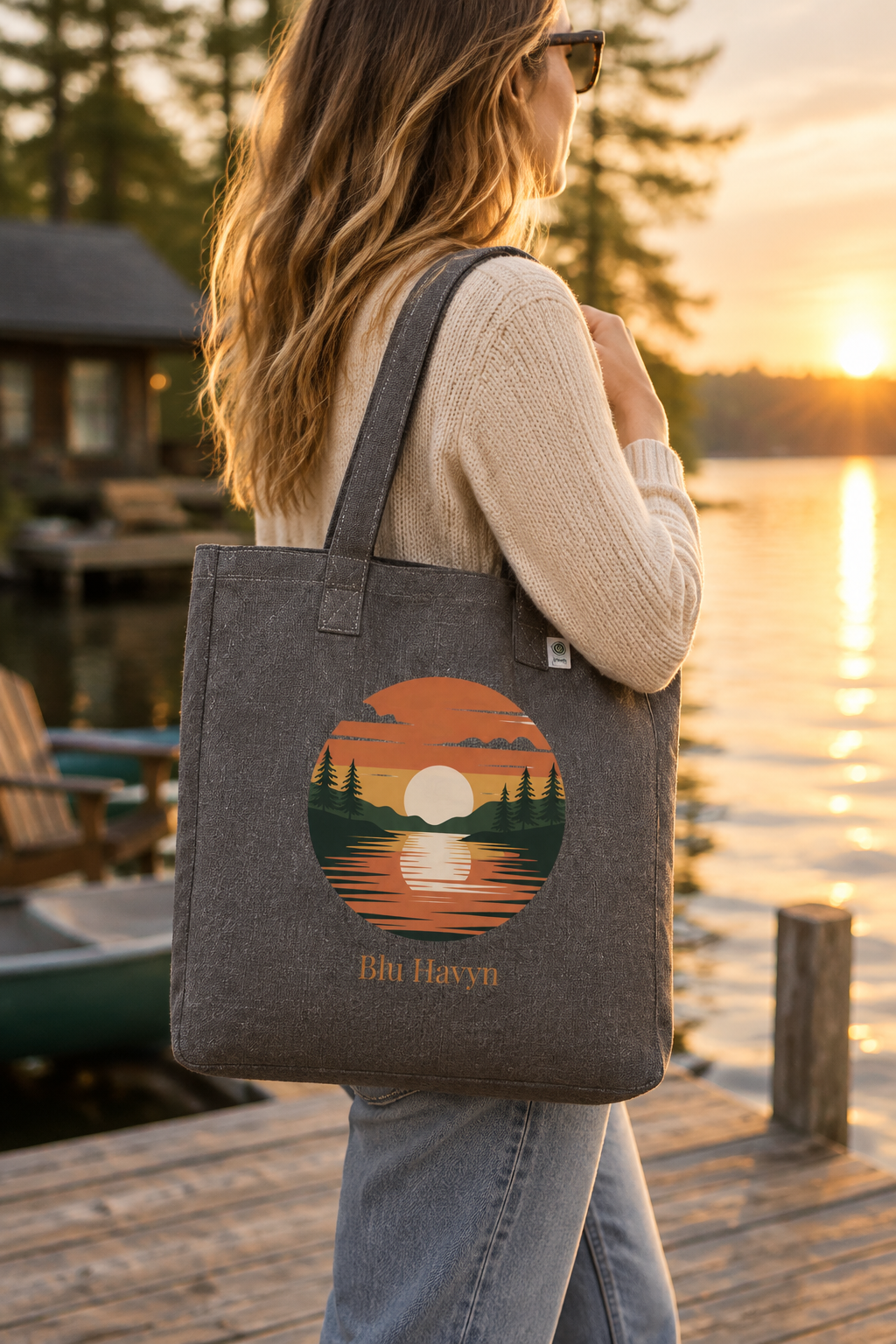 Charcoal tote on a lakeside dock