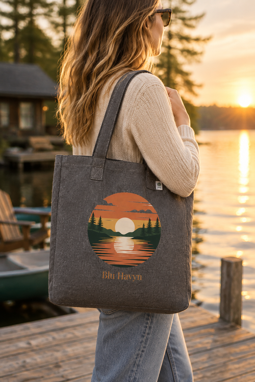Charcoal tote on a lakeside dock
