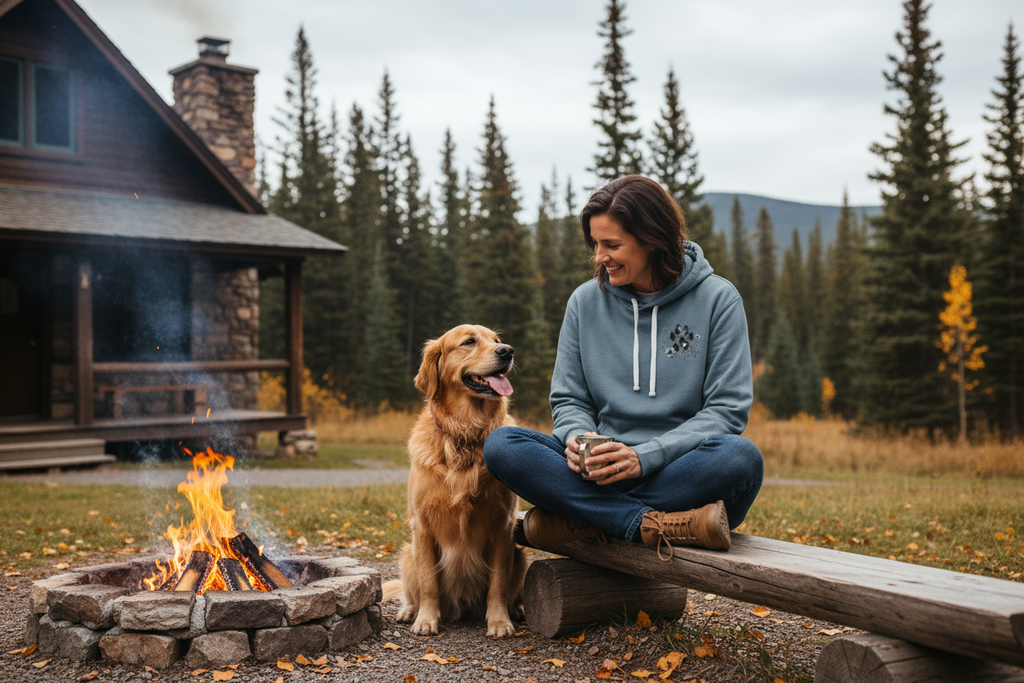 Hoodie at a cozy mountain cabin