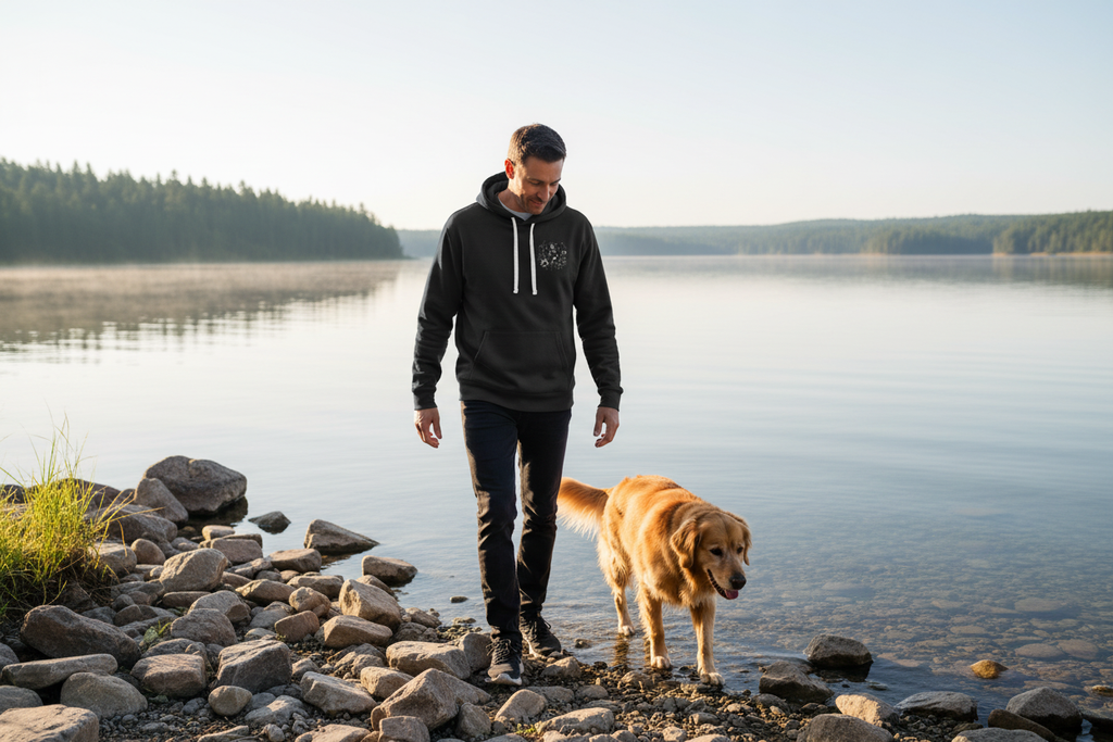 Hoodie on a lakeside walk