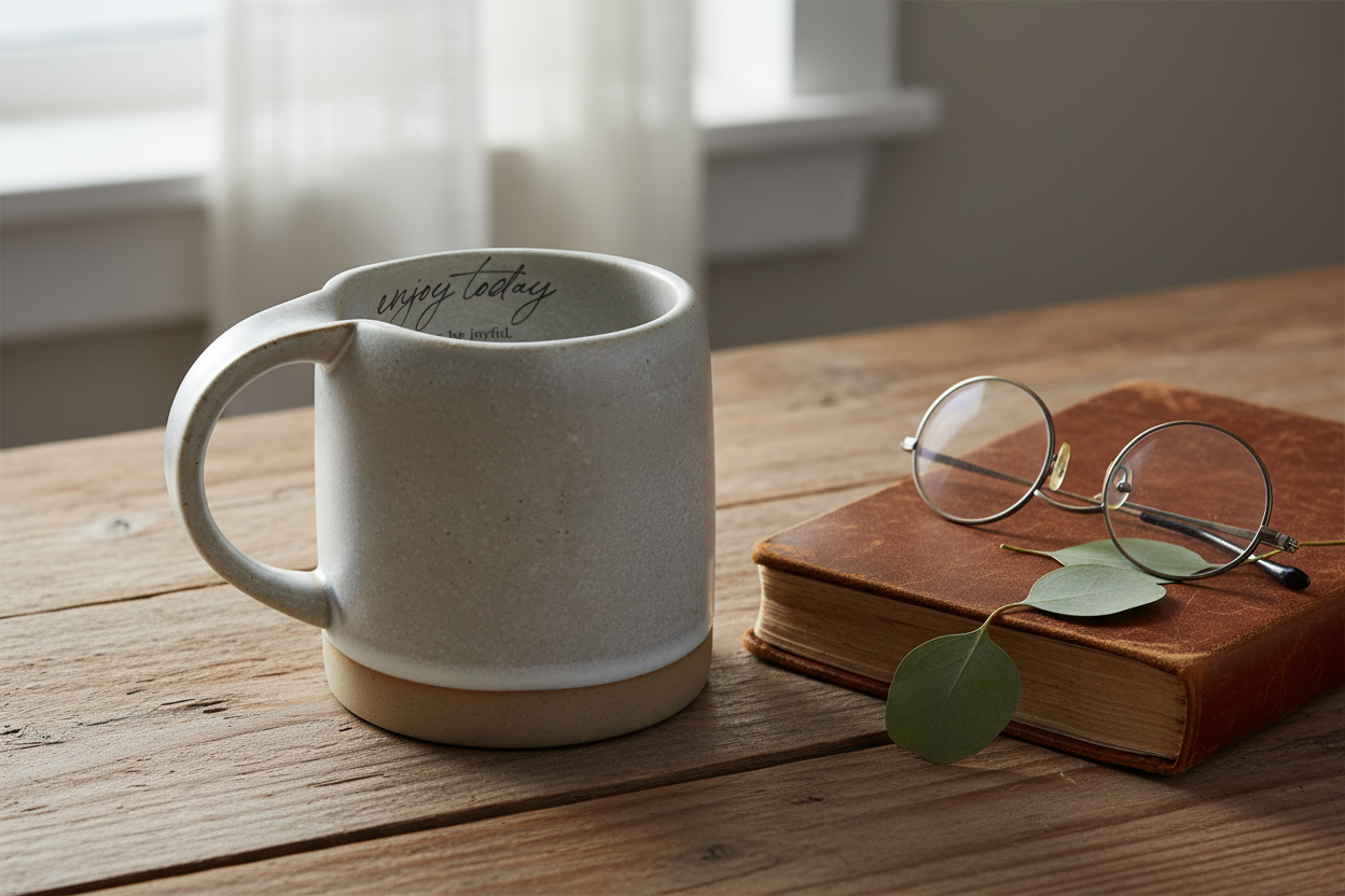 Stone gray ceramic mug on weathered wood with leather journal and eucalyptus — morning lifestyle