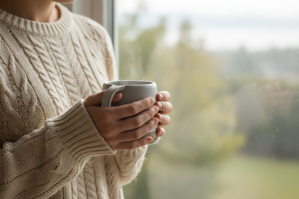 Enjoy Today mug held in hands with cream knit sweater by window — cozy lifestyle