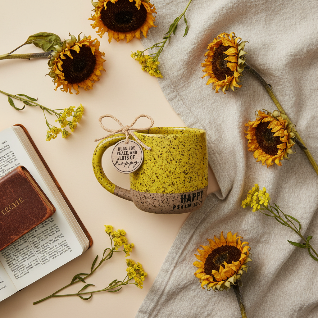 Gold speckled mug flat lay with sunflowers, Bible, and linen - Pinterest lifestyle