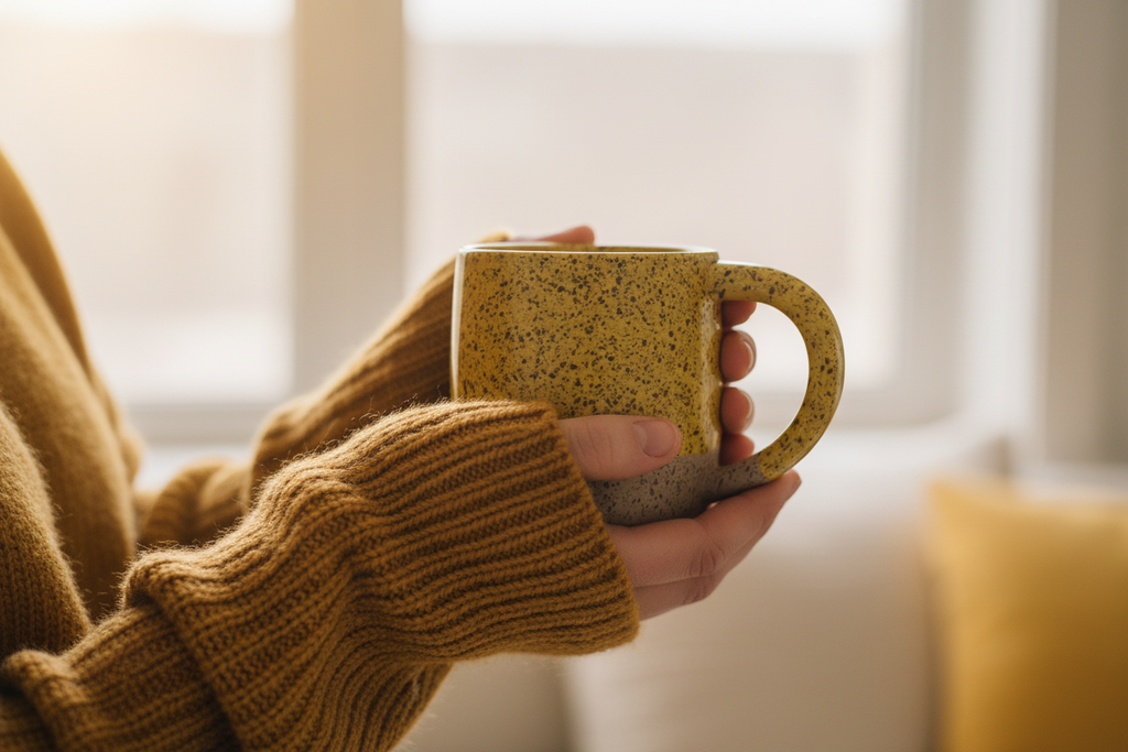 Happy gold mug held in hands with mustard knit sweater by window - cozy lifestyle