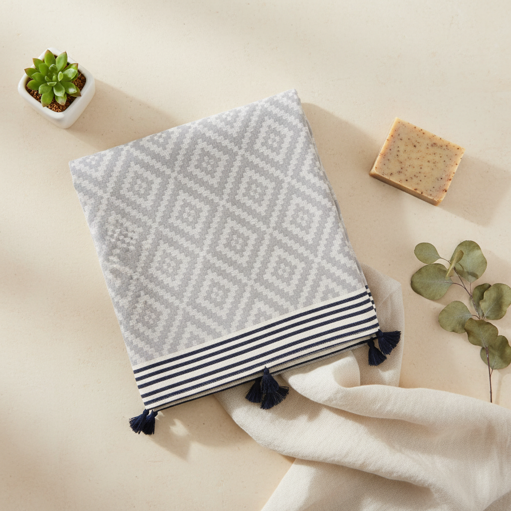 Gray tribal Turkish towel flat lay with eucalyptus and soap - spa travel Pinterest lifestyle