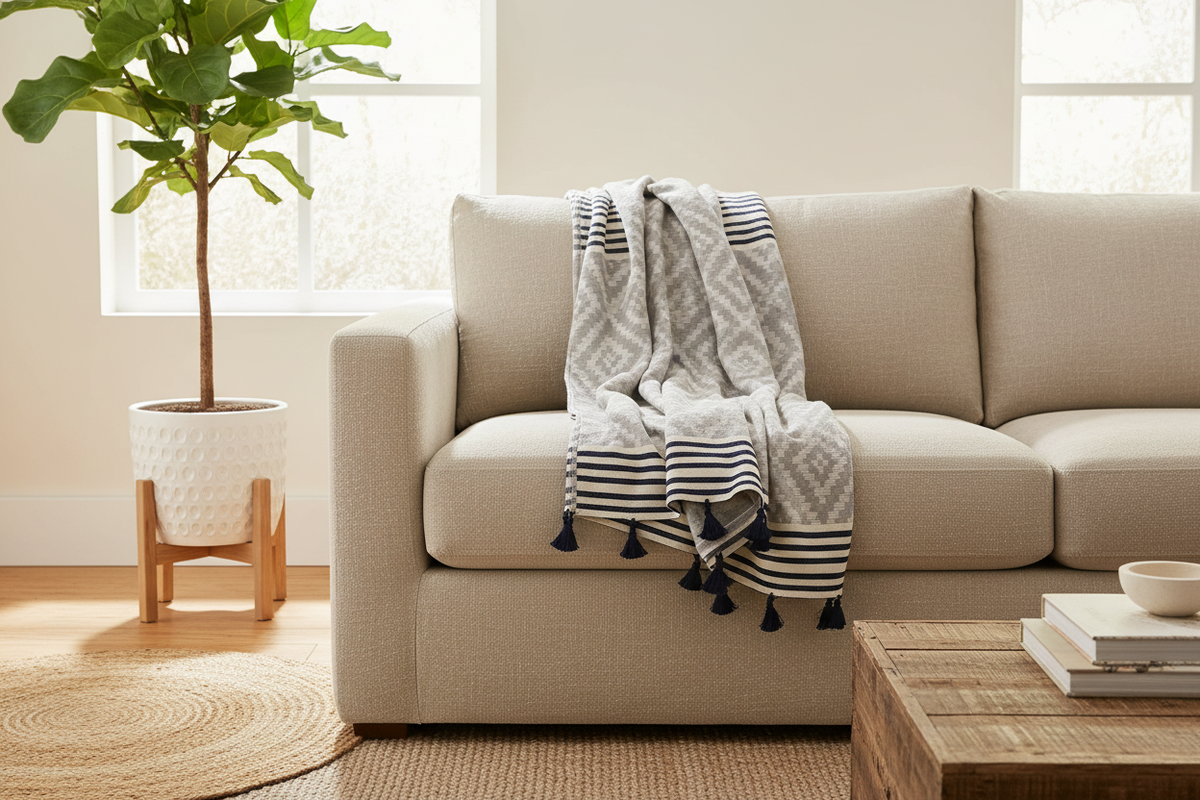Gray tribal towel draped over linen sofa in bright boho living room - home decor lifestyle