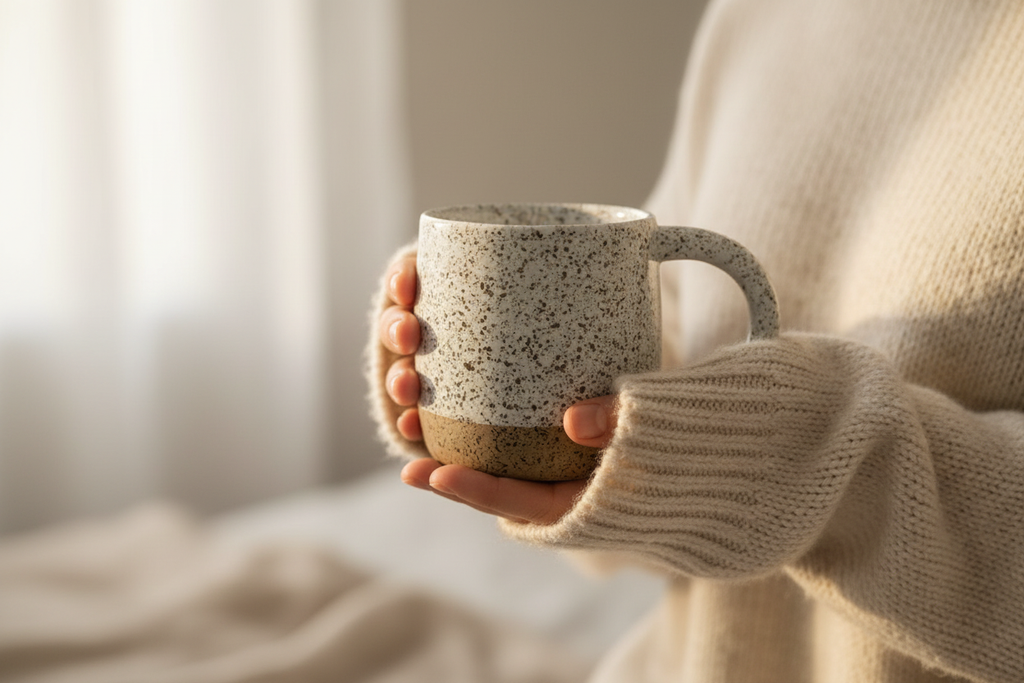 Peace mug held in hands with cream knit sweater by window - cozy lifestyle