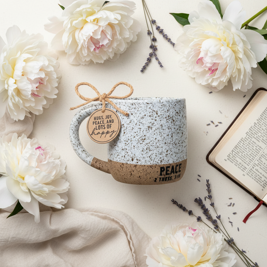 White speckled mug flat lay with peonies, Bible, and lavender - Pinterest lifestyle