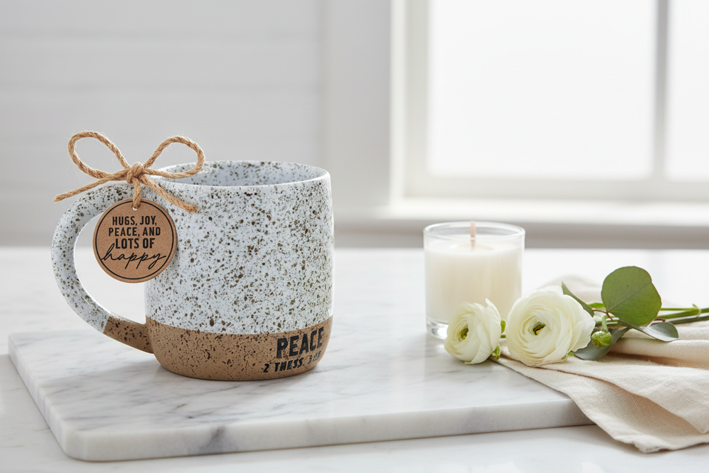 White speckled ceramic mug on marble with white candle and flowers - bright morning lifestyle