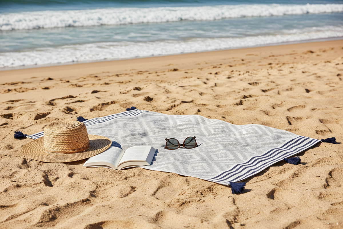 Gray tribal Turkish towel spread on sandy beach with straw hat and sunglasses - coastal lifestyle