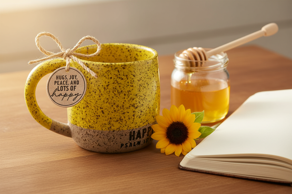 Gold speckled ceramic mug on wood surface with sunflower and journal - warm morning lifestyle