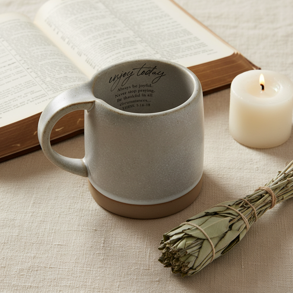 Stone gray ceramic mug flat lay with open Bible, sage, and candle — Pinterest lifestyle