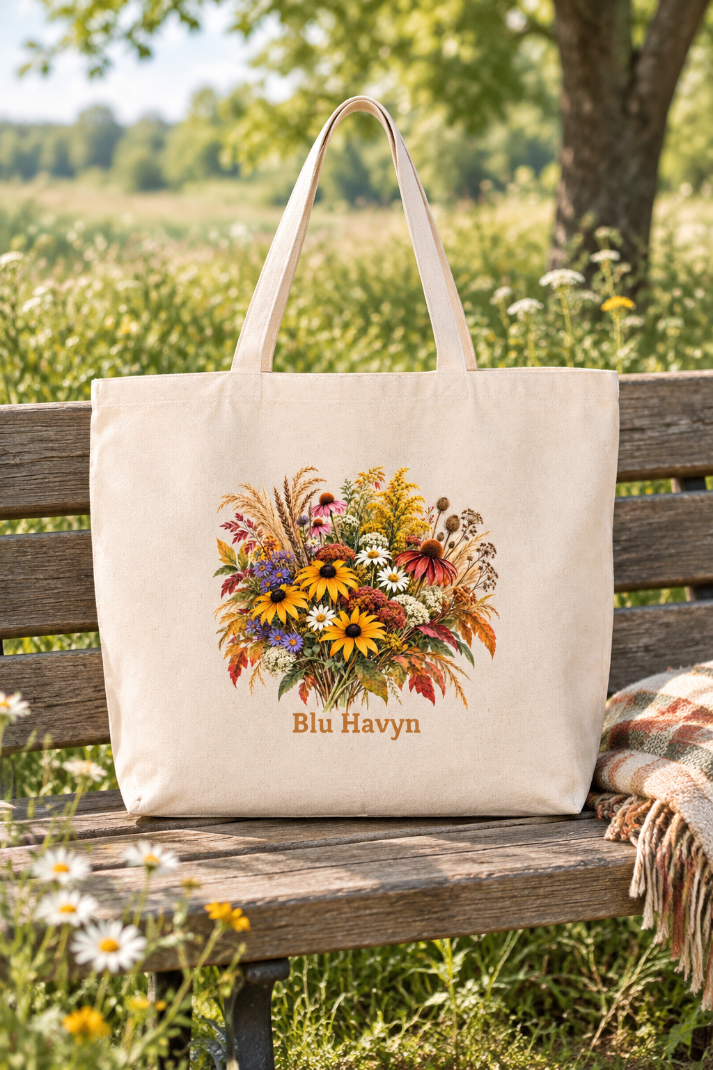 Khaki wildflower tote beside a picnic blanket on a park bench