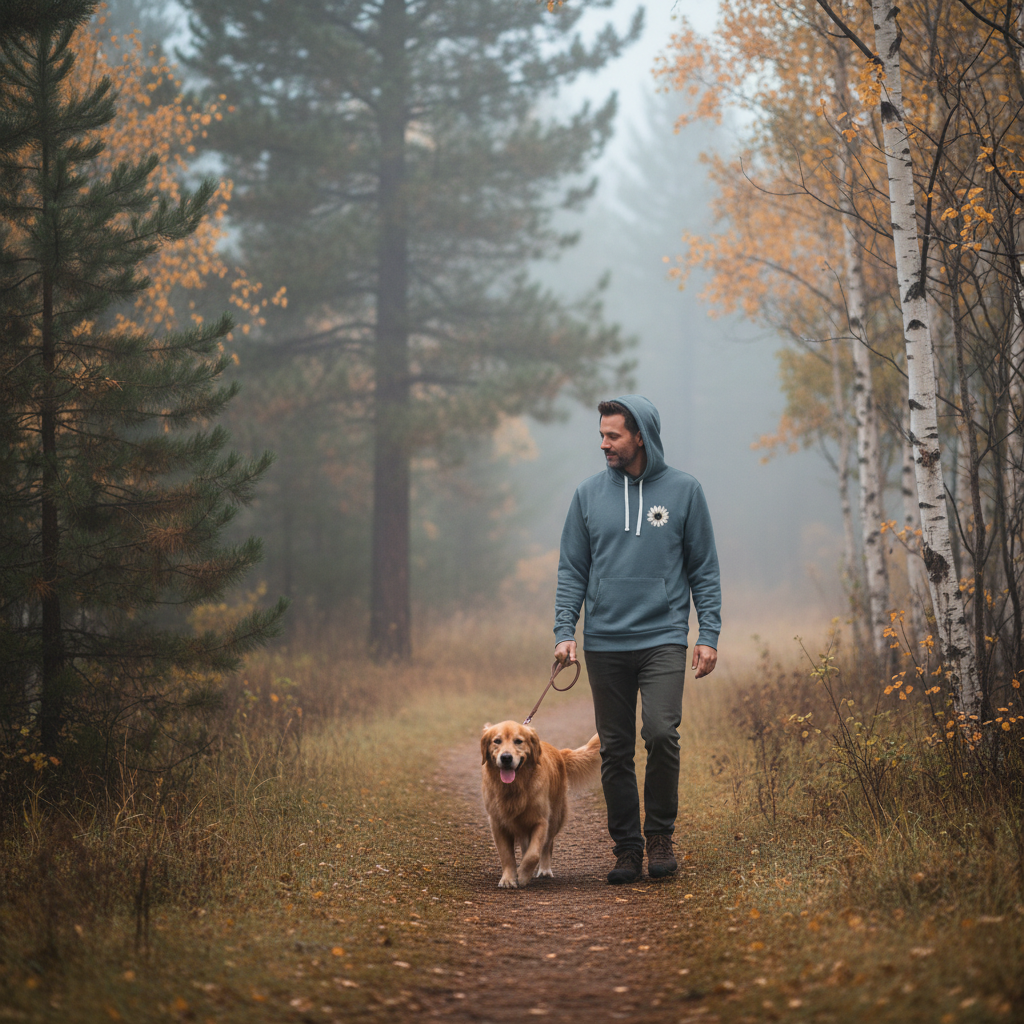 Man walking a golden retriever on a fall trail