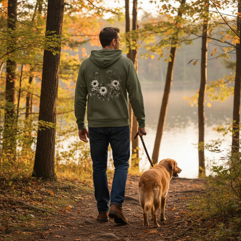 Man walking away with a dog wearing the military green wildflower hoodie