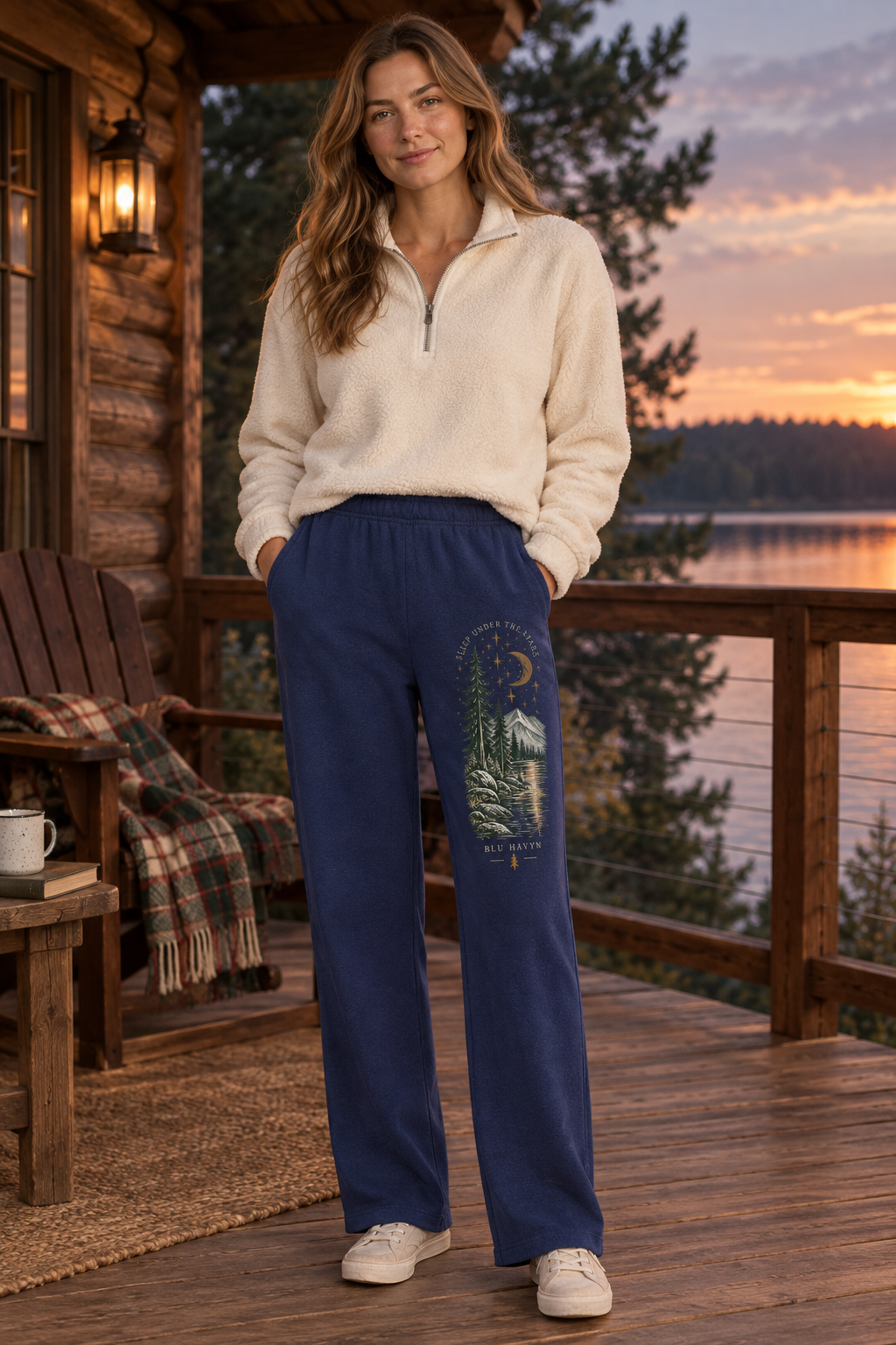 Navy straight-leg sweatpants with artwork on the left leg