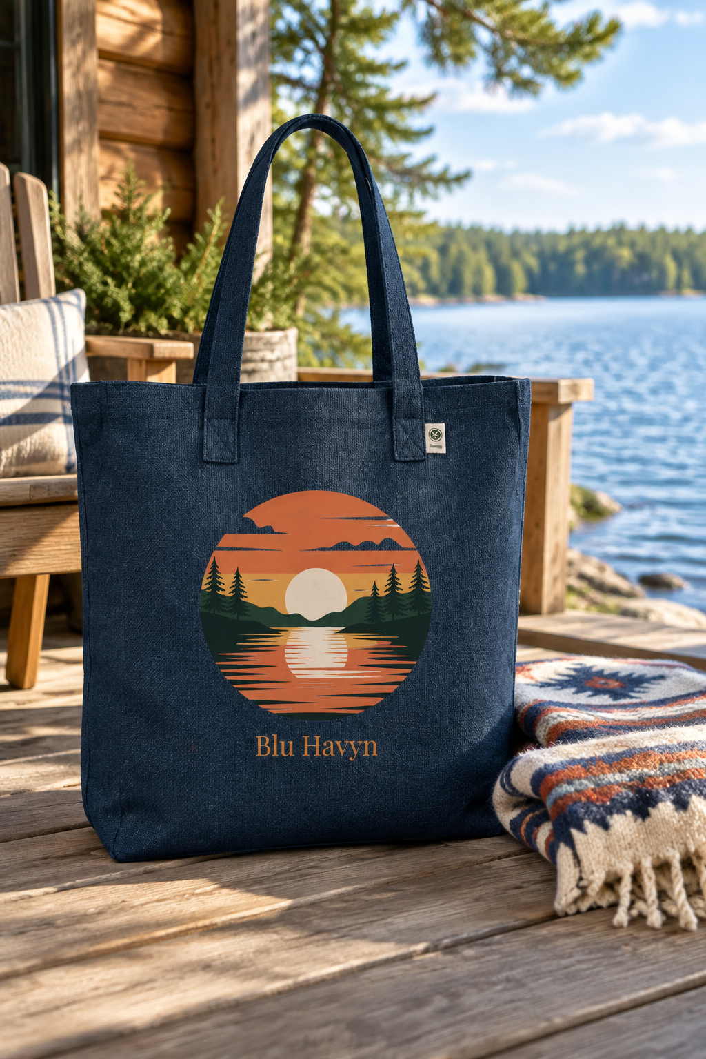 Navy tote on a lakeside cabin porch