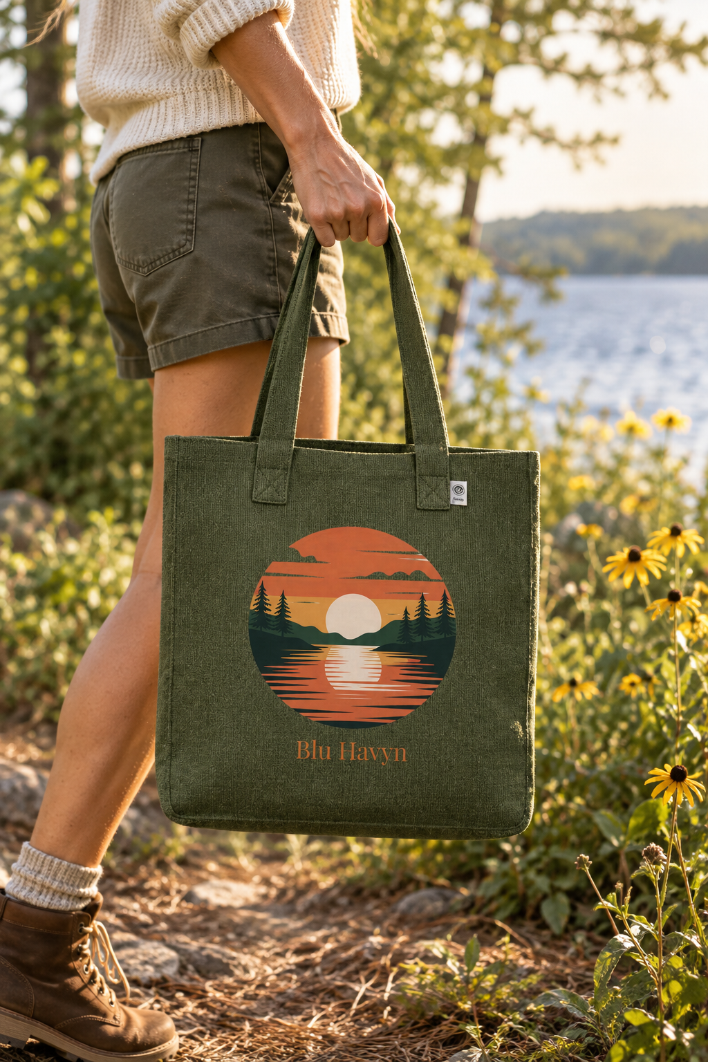 Olive tote on a wooded path