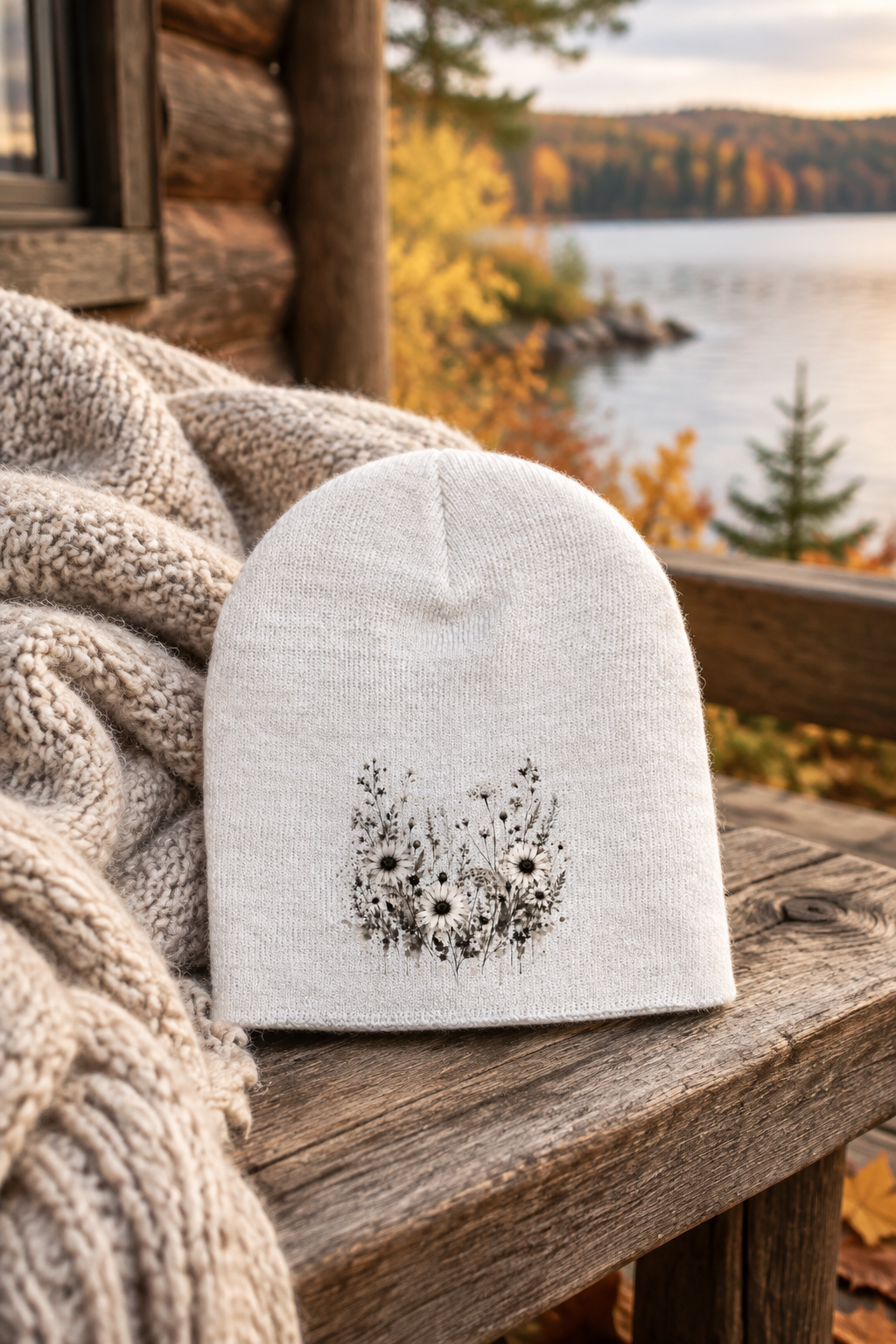 White Wildflower Days beanie on a cabin bench