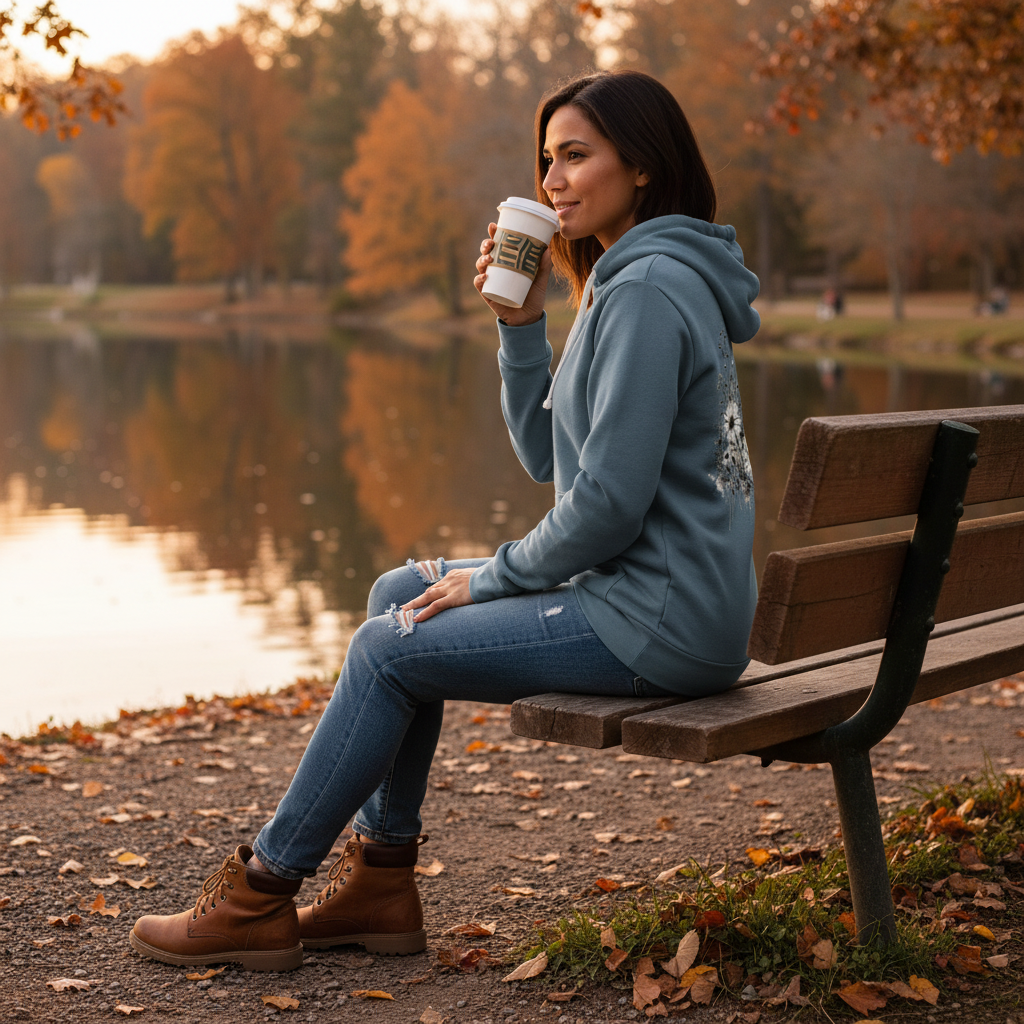 Woman holding coffee on a lakeside park bench